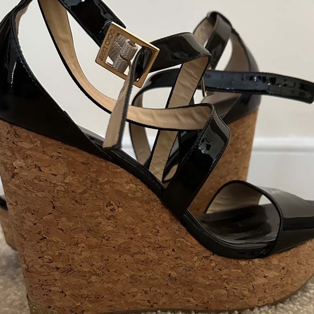 Jimmy Choo Black Patent Cork Wedge Sandals - Women - Picture 2 of 4